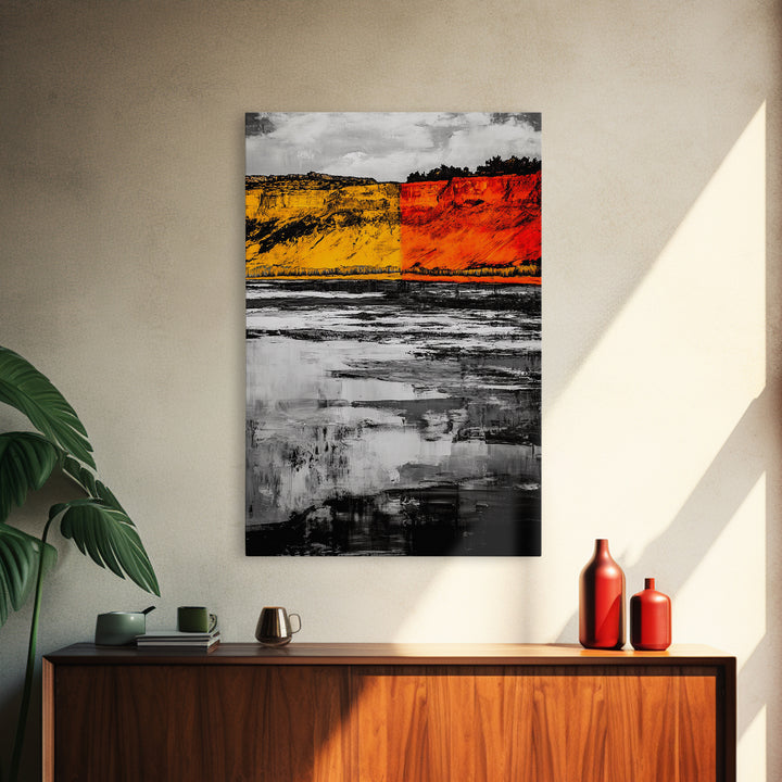 Autumn Cliffs, Seasonal Landscape, Fall Wall Art, Rustic Nature Print, Bold Orange and Yellow, Framed Canvas Print, Living Room Decor