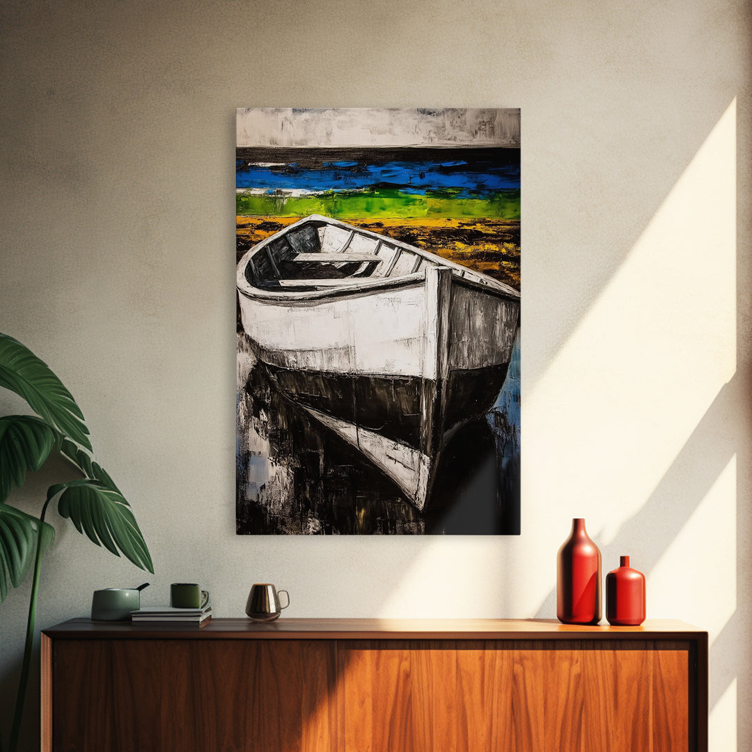 Coastal Rowboat, Black and White Boat Painting, Nautical Seascape Art, Rustic Beach House Decor, Framed Canvas Print, Bedroom Art