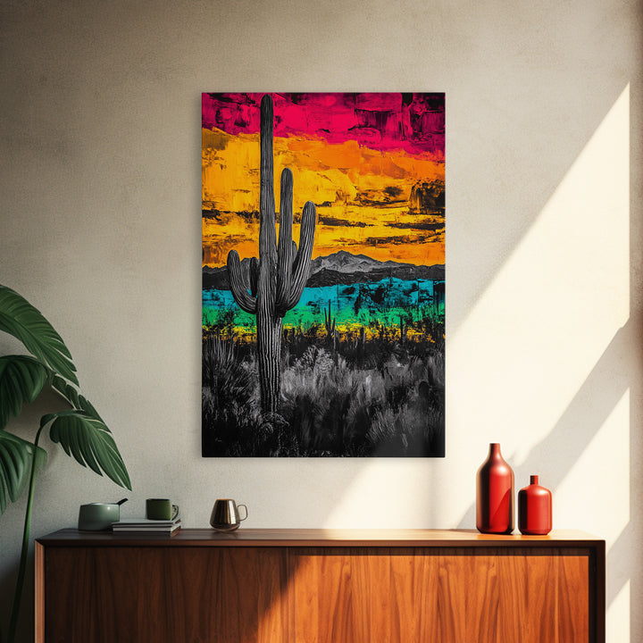 Desert Cactus, Vibrant Sunset Southwest Painting, Bold Desert Art, Framed Canvas Print, Western Home or Office Wall Decor