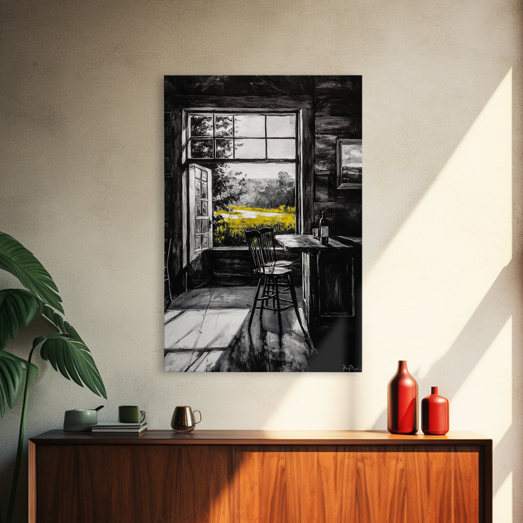 Rustic Cabin View, Black and White with Yellow Accents, Cozy Country Home Art, Framed Canvas Print, Living Room or Dining Room Decor