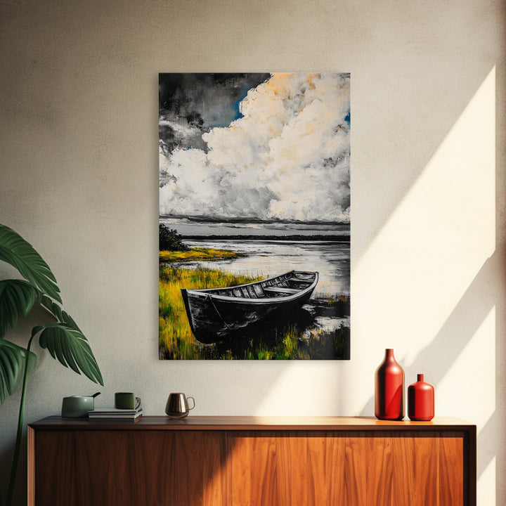 Rowboat Reflection, Rustic Lake Art, Black and White Boat Print, Tranquil Nature Scene, Living Room Wall Decor, Nautical Canvas Print