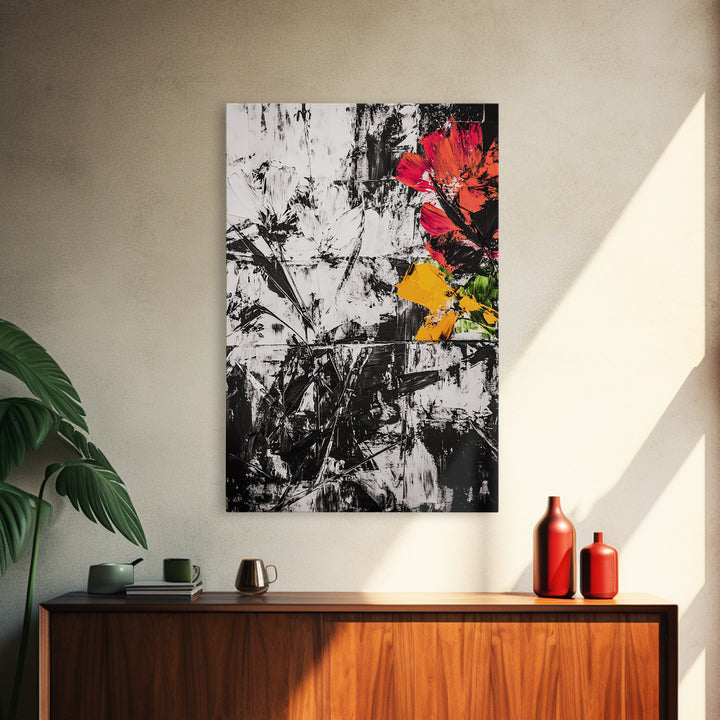 Abstract Flowers, Black and White, Red Floral Art, Bold Wall Decor, Modern Art, Framed Canvas Print, Minimalist Living Room Art