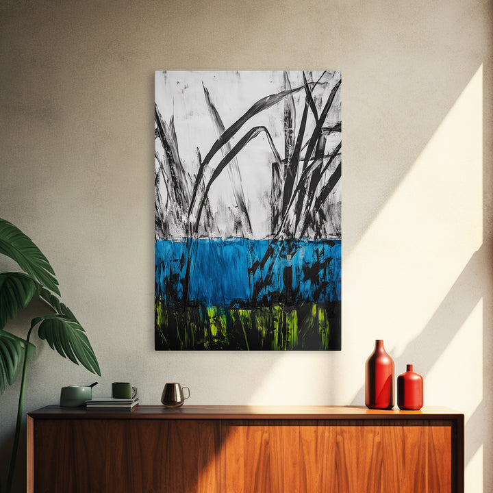 Abstract Grass, Blue and Green Art, Nature Inspired Wall Art, Minimalist Decor, Textured Canvas Print, Living Room Wall Art