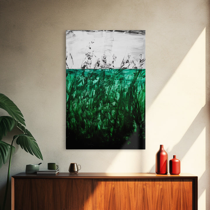 Abstract Grassland, Green Nature Art, Minimalist Botanical Wall Decor, Earthy Modern Print, Framed Canvas Print, Living Room Wall Art