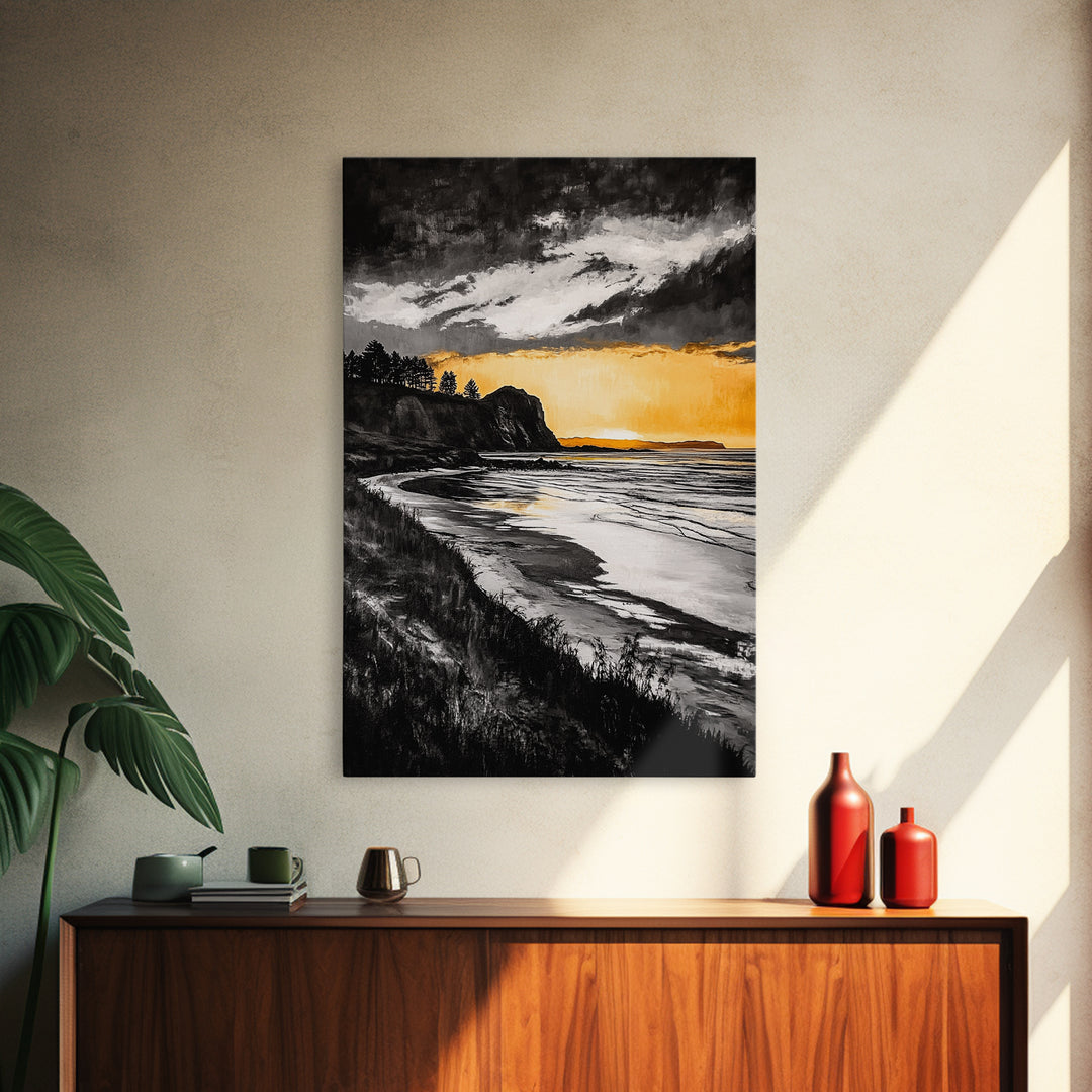Cliffside Sunset, Golden Sky, Coastal View, Seascape, Framed Canvas Print, Modern Wall Art, Office Decor, Dramatic Landscape