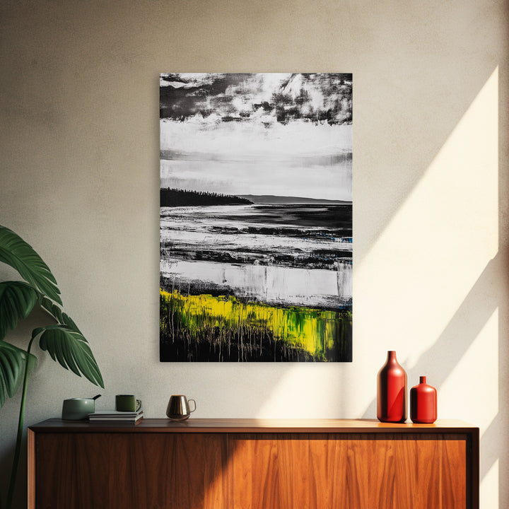 Coastal Shoreline, Misty Landscape, Black and White, Nature Print, Framed Canvas Print, Office Wall Art, Serene Seascape, Minimalist Art