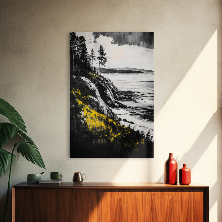 Rocky Coast, Pine Trees, Ocean View, Coastal Landscape, Canvas Print, Cabin Wall Decor, Rustic Home Art, Nature Inspired Painting