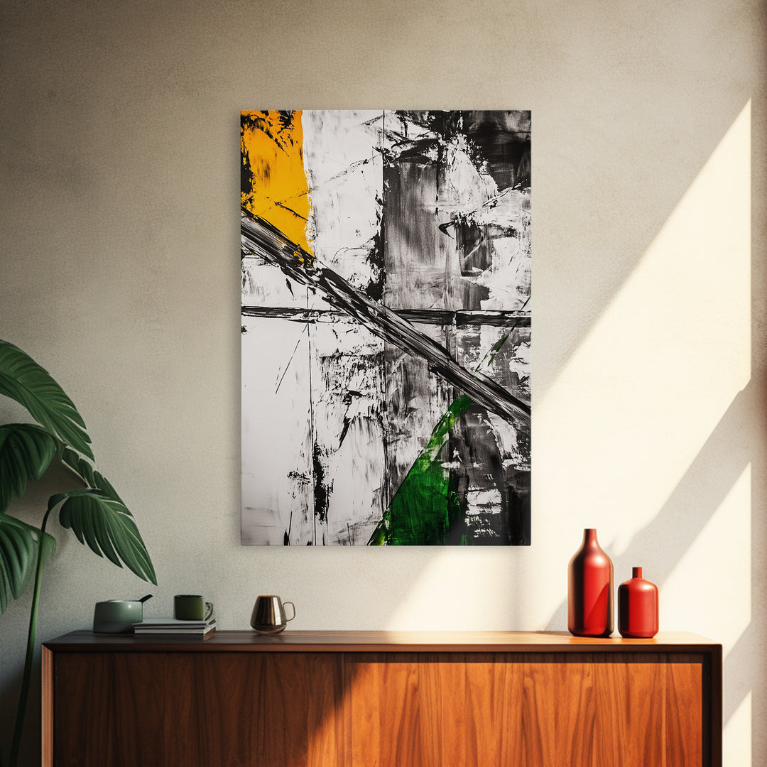 Abstract Expression, Modern Art, Black White Green, Framed Canvas Print, Contemporary Wall Art, Office Decor, Minimalist Painting