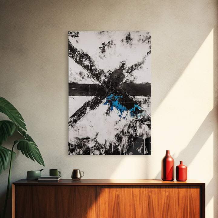 Black White Chaos, Modern Abstract, Bold Brush Strokes, Framed Canvas Print, Office Decor, Industrial Wall Art, Contemporary Art