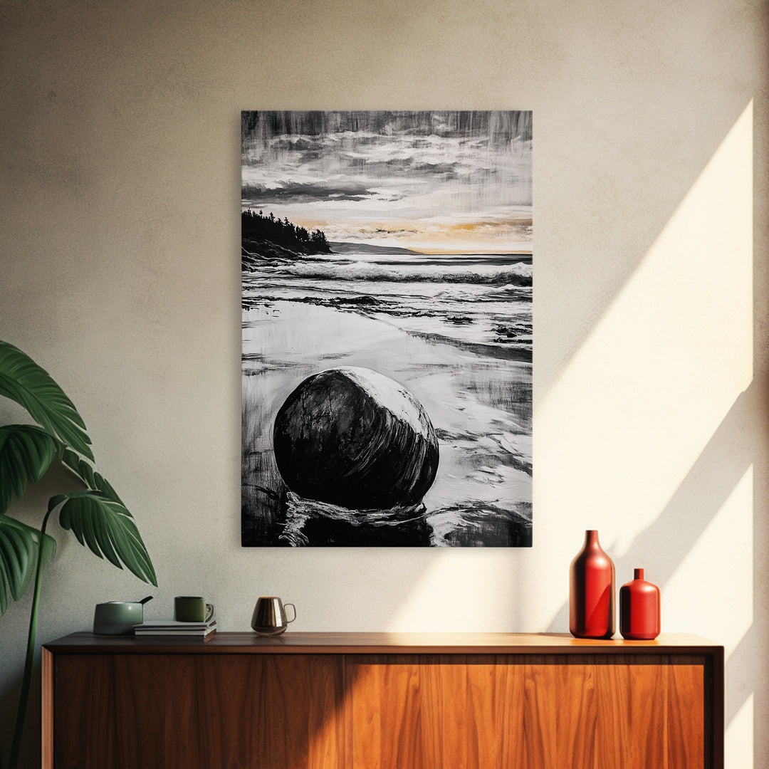Rocky Beach, Sunset Landscape, Black White Gold, Framed Canvas Print, Coastal Wall Art, Nature Painting, Serene Home Decor