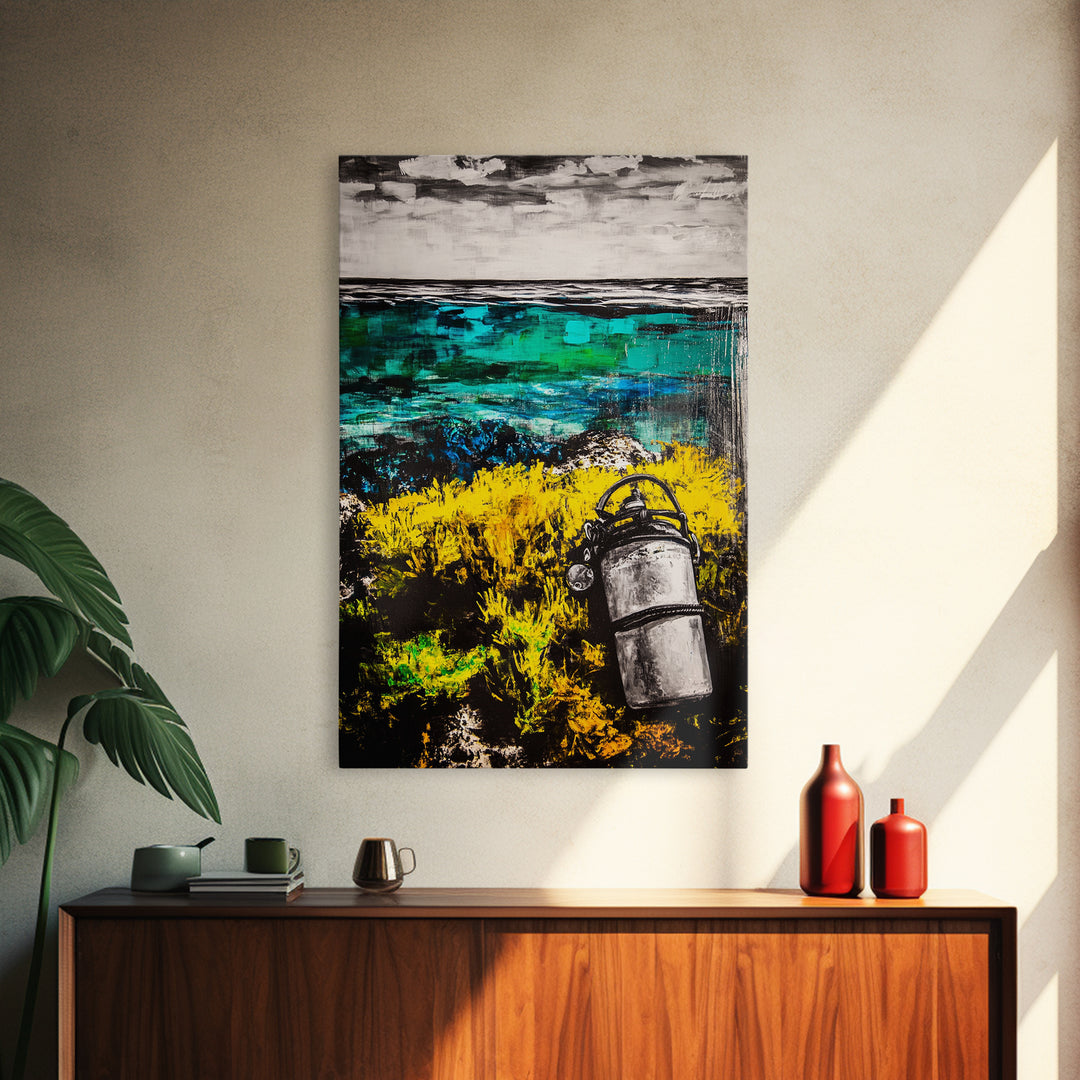 Coastal Lantern, Ocean Shore, Yellow Blue Art, Framed Canvas Print, Nautical Wall Art, Beach House Decor, Rustic Modern Art