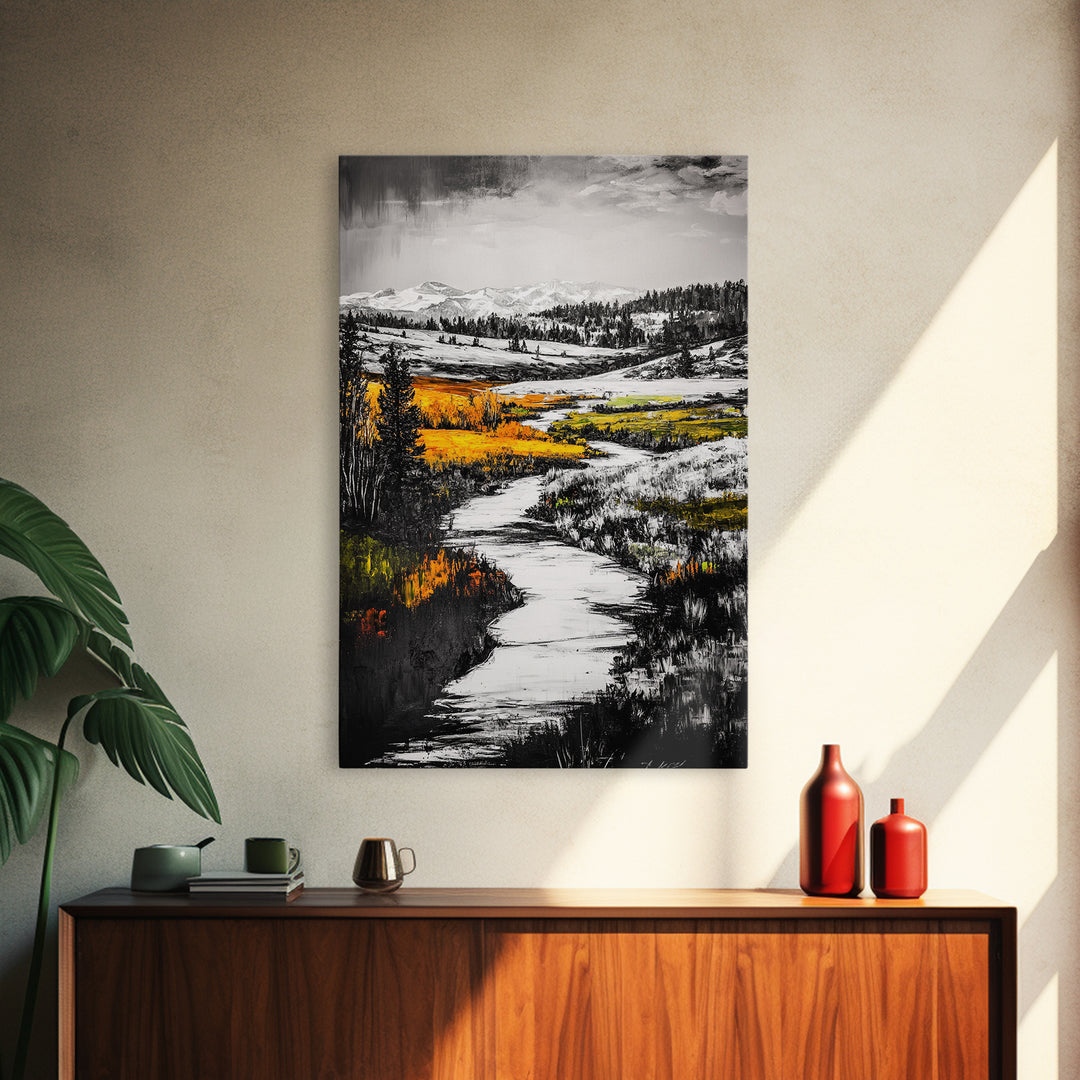 Autumn River, Fall Landscape, Black White Orange, Framed Canvas Print, Nature Wall Art, Cabin Decor, Rustic Home Painting
