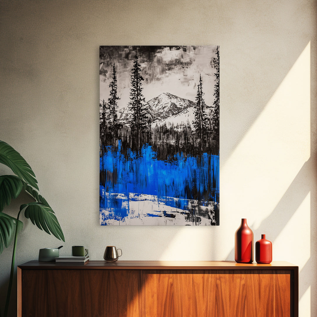 Mountain Wilderness, Winter Landscape, Blue Trees, Framed Canvas Print, Cabin Wall Art, Outdoor Lover Gift, Serene Nature Art