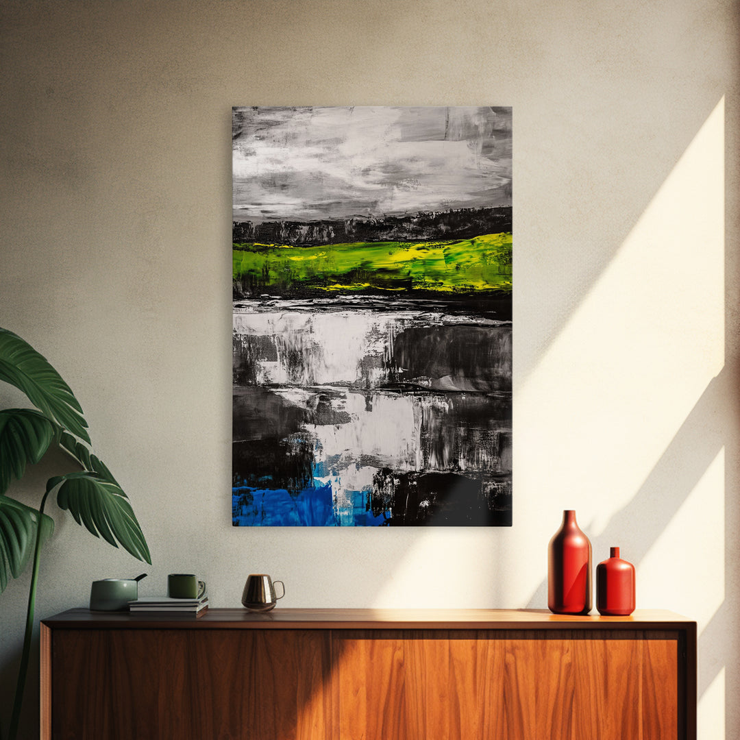 Abstract Landscape, Black White Green, Modern Painting, Framed Canvas Print, Living Room Decor, Minimalist Art, Contemporary Style