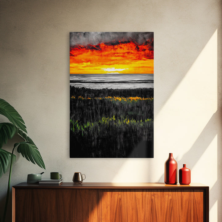 Bold Sunset, Coastal Horizon, Modern Landscape, Framed Canvas Print, Vibrant Seascape Art, Minimalist Beach Decor, Living Room Wall Art