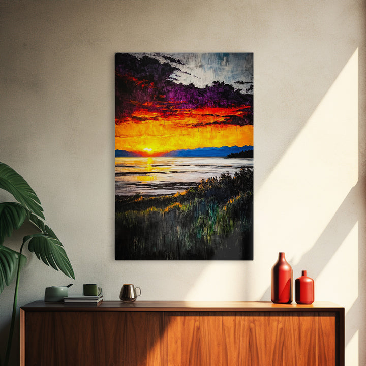 Beach Sunrise, Ocean View, Dramatic Skies, Framed Canvas Print, Large Wall Art, Coastal Home Decor, Serene Landscape, Modern Art