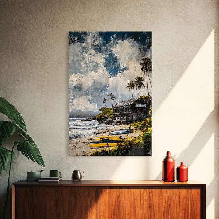 Beach Surf Shack, Tropical Art, Coastal Wall Decor, Nautical Framed Canvas Print, Surfing Gift, Ocean Sunset, Living Room Art