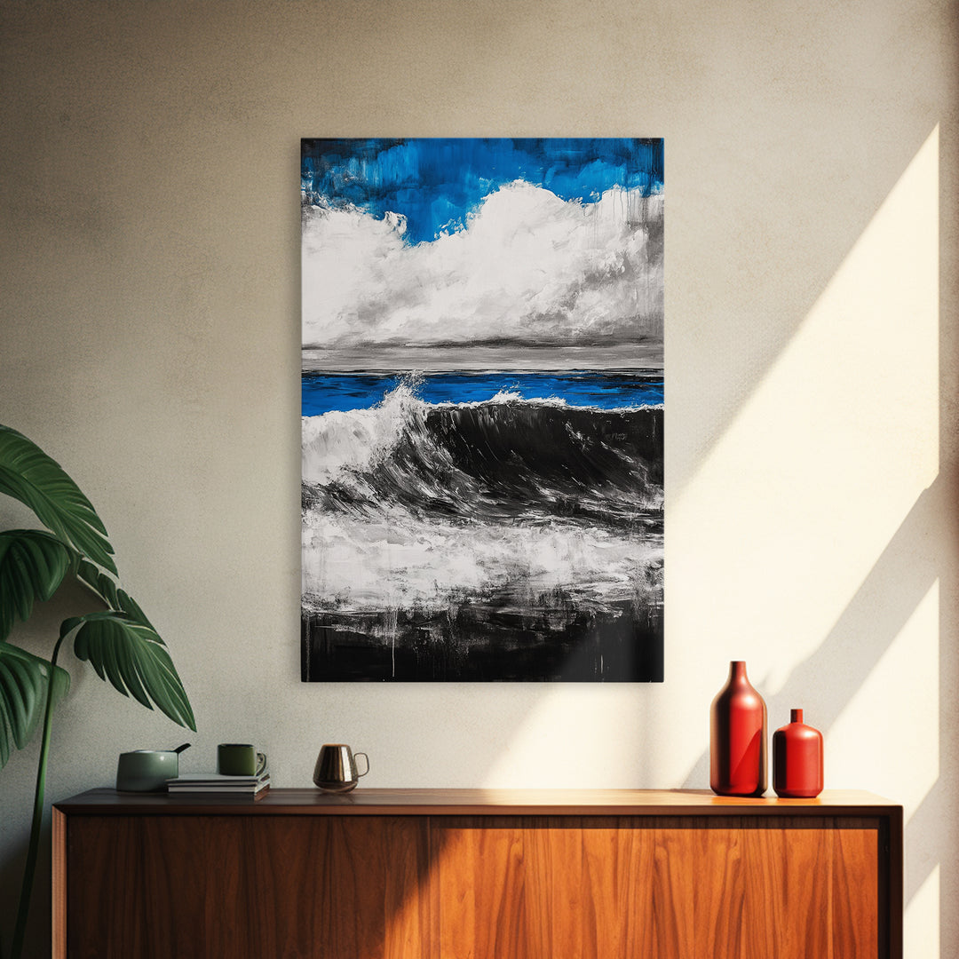 Ocean Wave Painting, Blue Seascape, Modern Coastal Art, Surfing Gift, Large Canvas Print, Beach House Decor, Living Room Wall Art