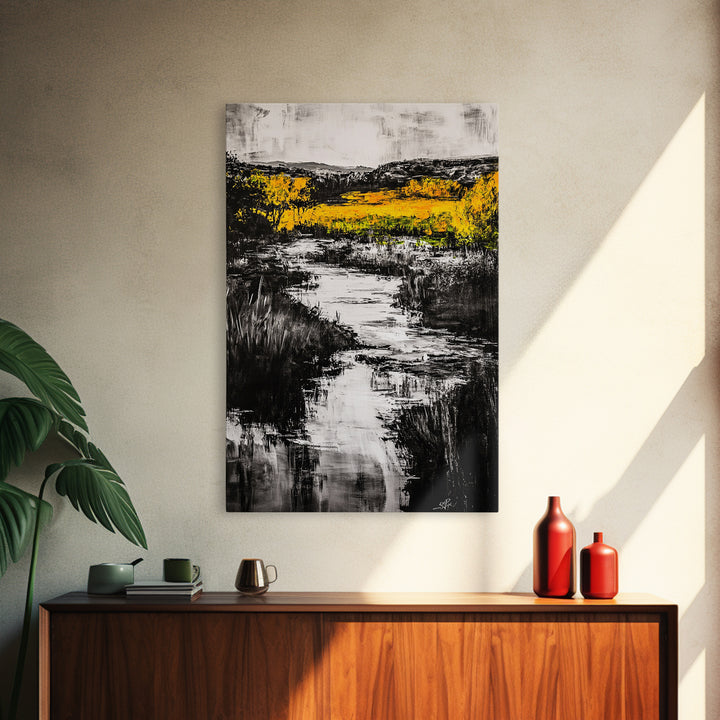 Black White Landscape, Yellow Trees, River Stream Art, Rustic Farmhouse Decor, Modern Nature Wall Art, Bedroom Wall Decor, Canvas Print