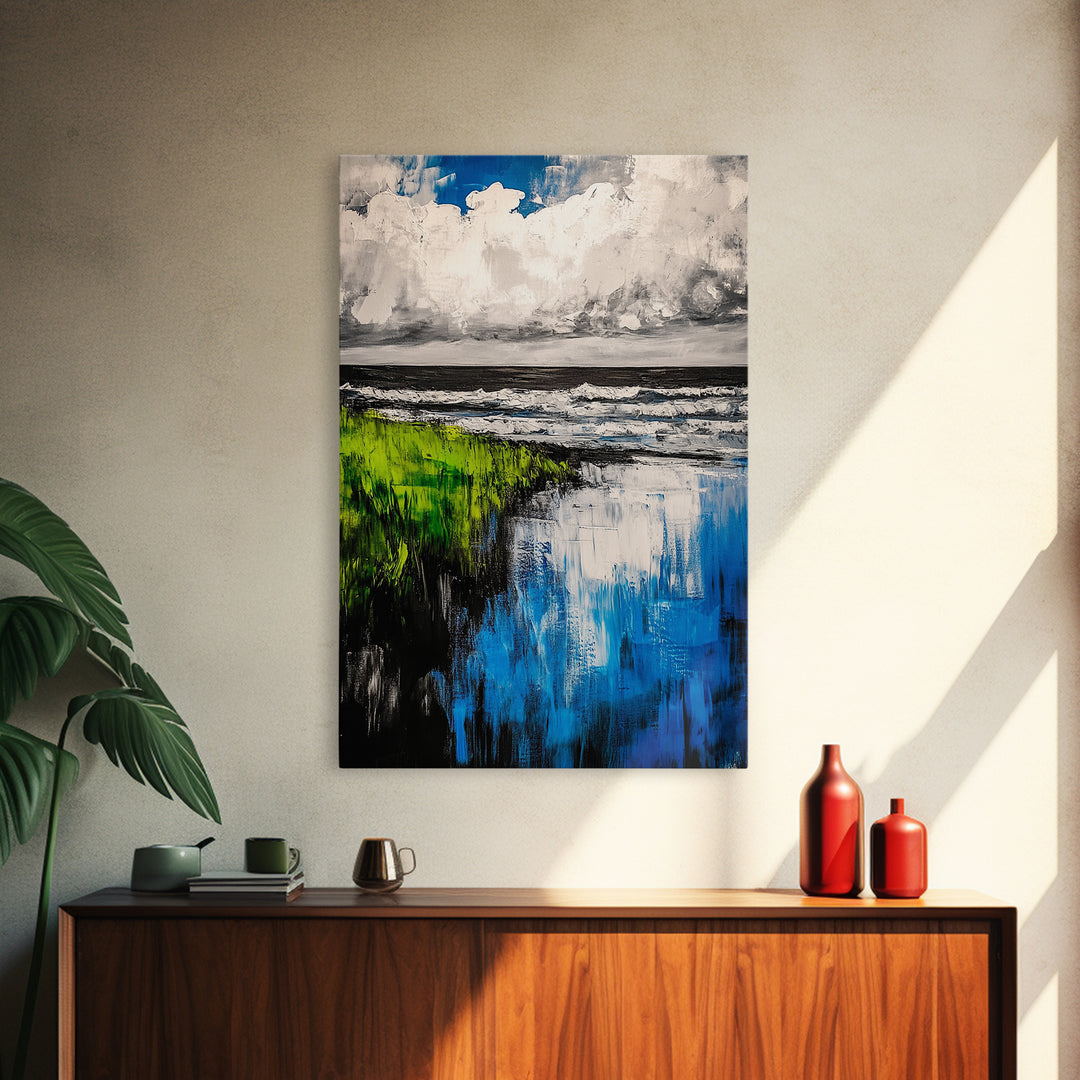 Ocean Reflections, Coastal Wall Art, Blue Abstract Beach Scene, Seascape Framed Canvas Print, Modern Home Decor, Living Room Wall Art