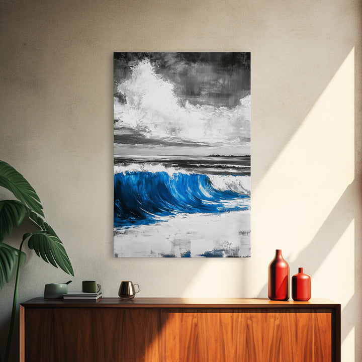 Blue Ocean Wave, Surfing Wall Art, Coastal Beach Print, Nautical Home Decor, Framed Canvas Print, Large Wall Art, Minimalist Seascape