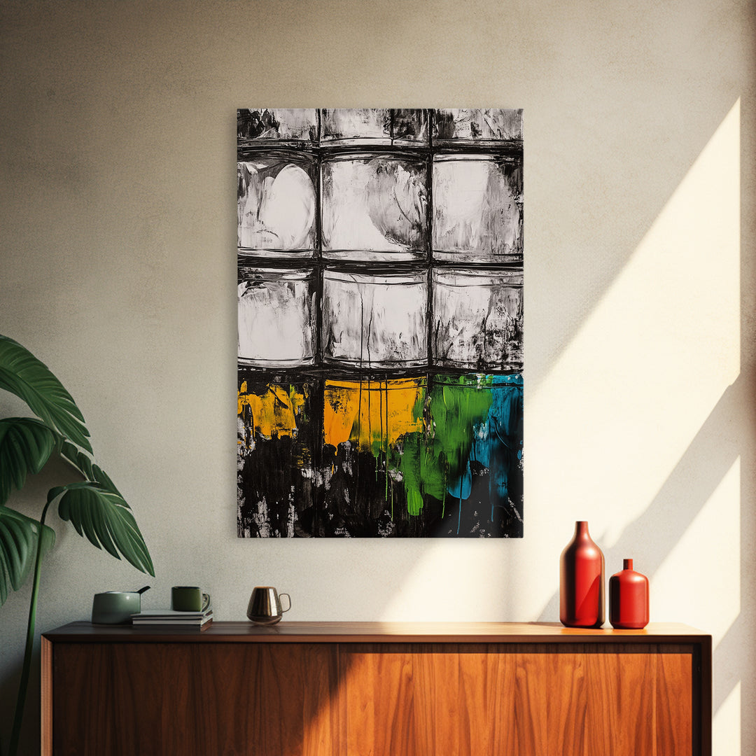 Abstract Windows, Modern Wall Art, Black and White Geometric Print, Industrial Home Decor, Framed Canvas Print, Contemporary Office Art