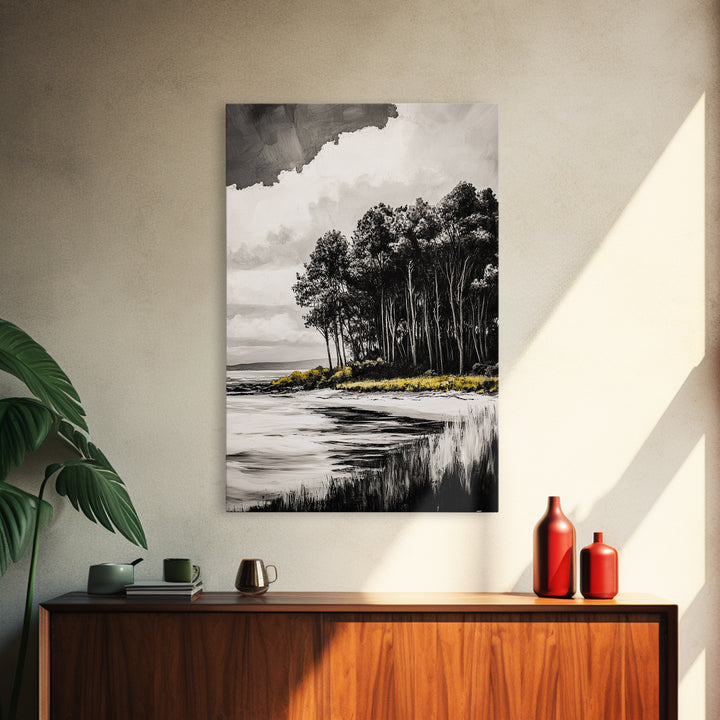Coastal Trees, Black and White Art, Canvas Print, Modern Landscape, Nature Wall Art, Minimalist Home Decor, Serene Artwork, Ocean Scene
