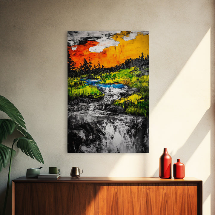Autumn River, Nature Wall Art, Modern Landscape, Framed Canvas Print, Rustic Home Decor, Office Artwork, Vibrant Sunset Painting