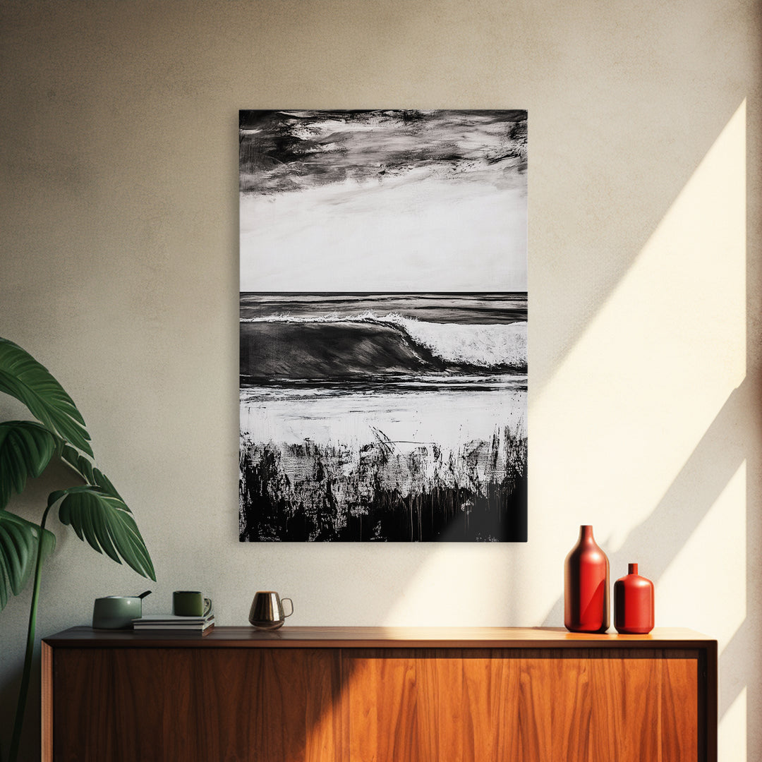 Black White Waves, Ocean Wall Art, Minimalist Coastal, Framed Canvas Print, Beach House Decor, Monochrome Seascape, Surfer Gift