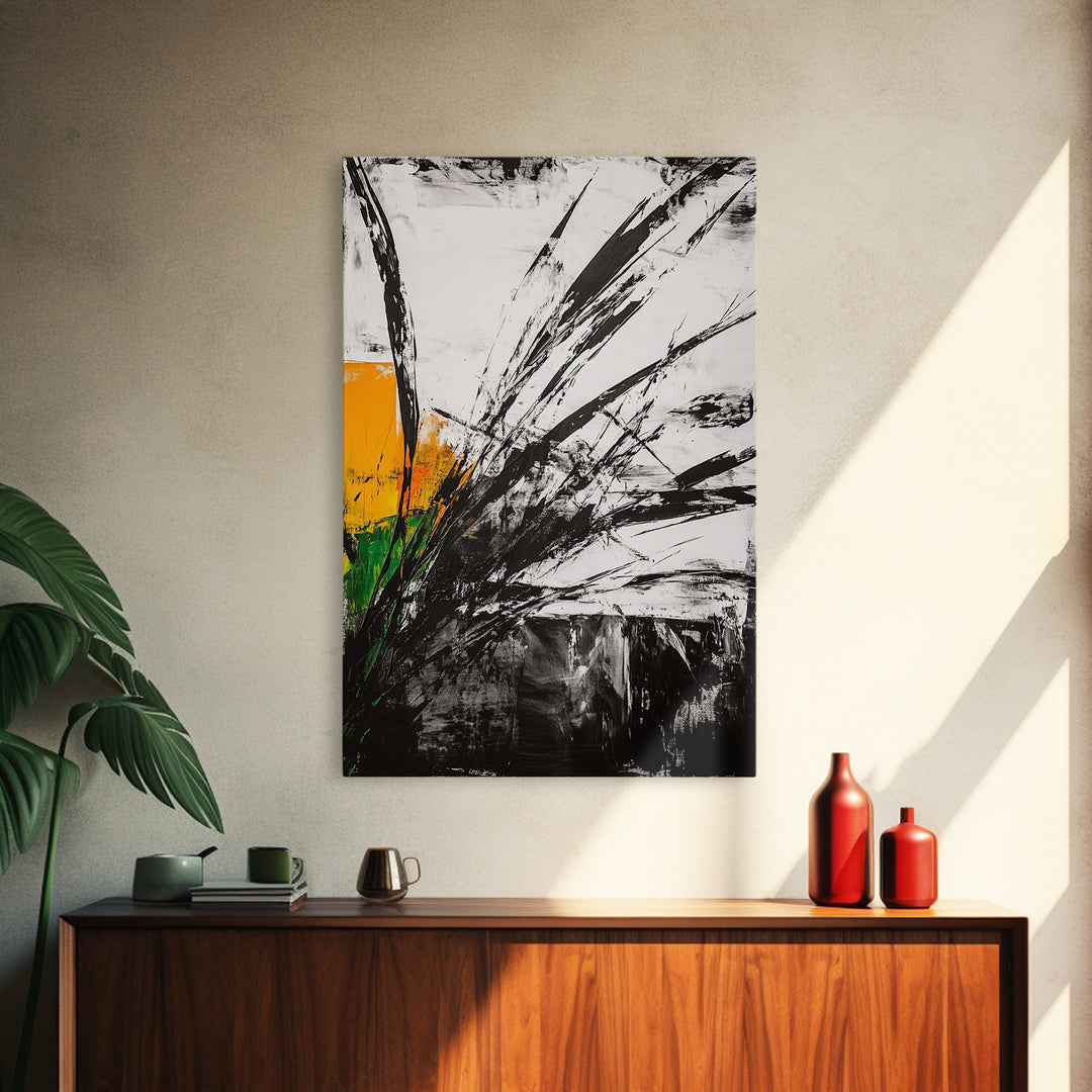 Abstract Grass, Modern Wall Art, Minimalist Home Decor, Framed Canvas Print, Black White Gold, Contemporary Artwork, Bold Design