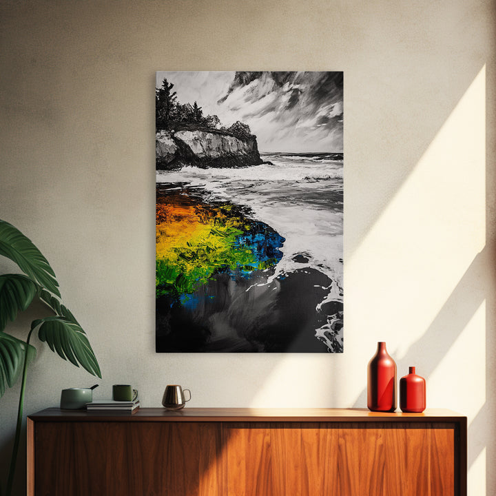 Cliffside Waves, Coastal Wall Art, Ocean Landscape, Framed Canvas Print, Beach House Decor, Monochrome Seascape, Nautical Gift