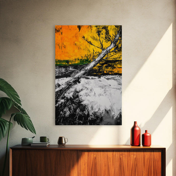 Abstract Tree, Fall Wall Art, Modern Nature Painting, Framed Canvas Print, Rustic Home Decor, Bold Orange Yellow, Unique Artwork