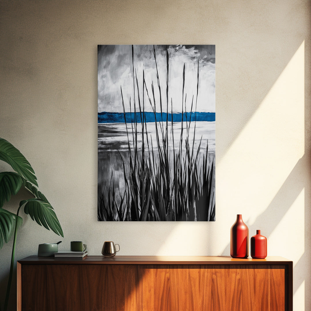 Tall Grass, Serene Lake View, Minimalist Coastal Art, Black White Landscape, Contemporary Home Decor, Canvas Print