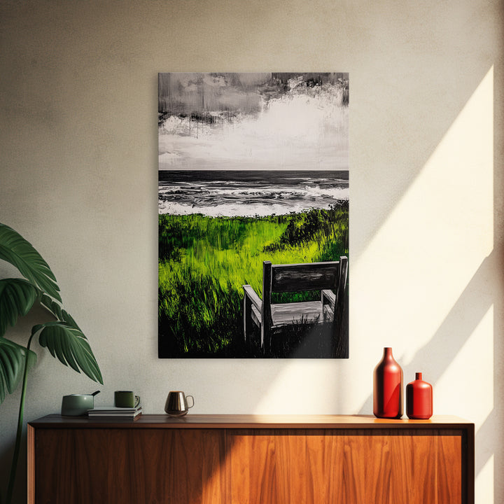 Beach View, Green Grass Landscape, Peaceful Coastal Decor, Seaside Retreat Art, Contemporary Wall Art, Framed Canvas Print