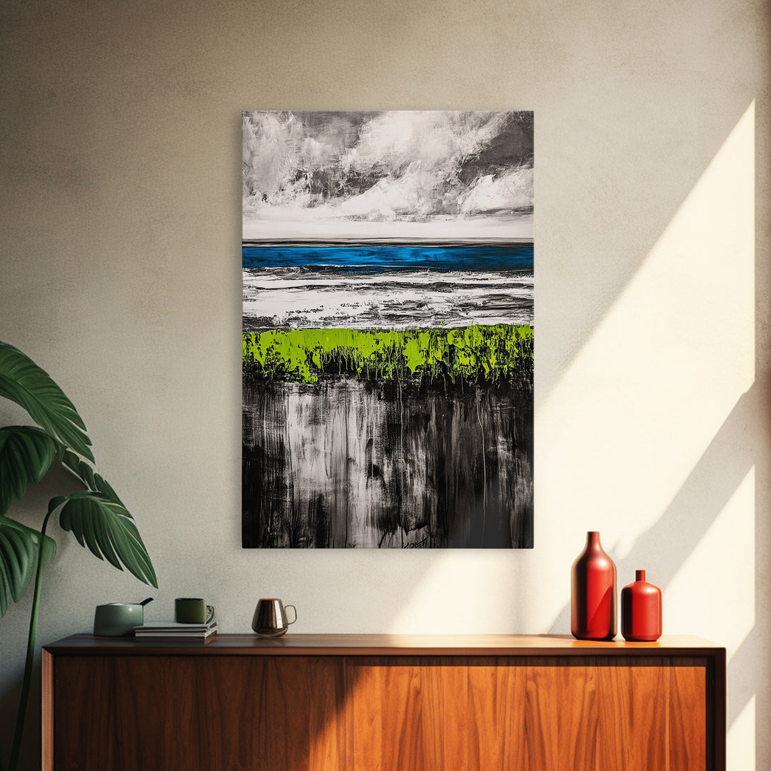 Coastal Horizon, Abstract Ocean, Framed Canvas Print, Beach Wall Art, Nautical Home Decor, Blue and White Art, Modern Living Room Art