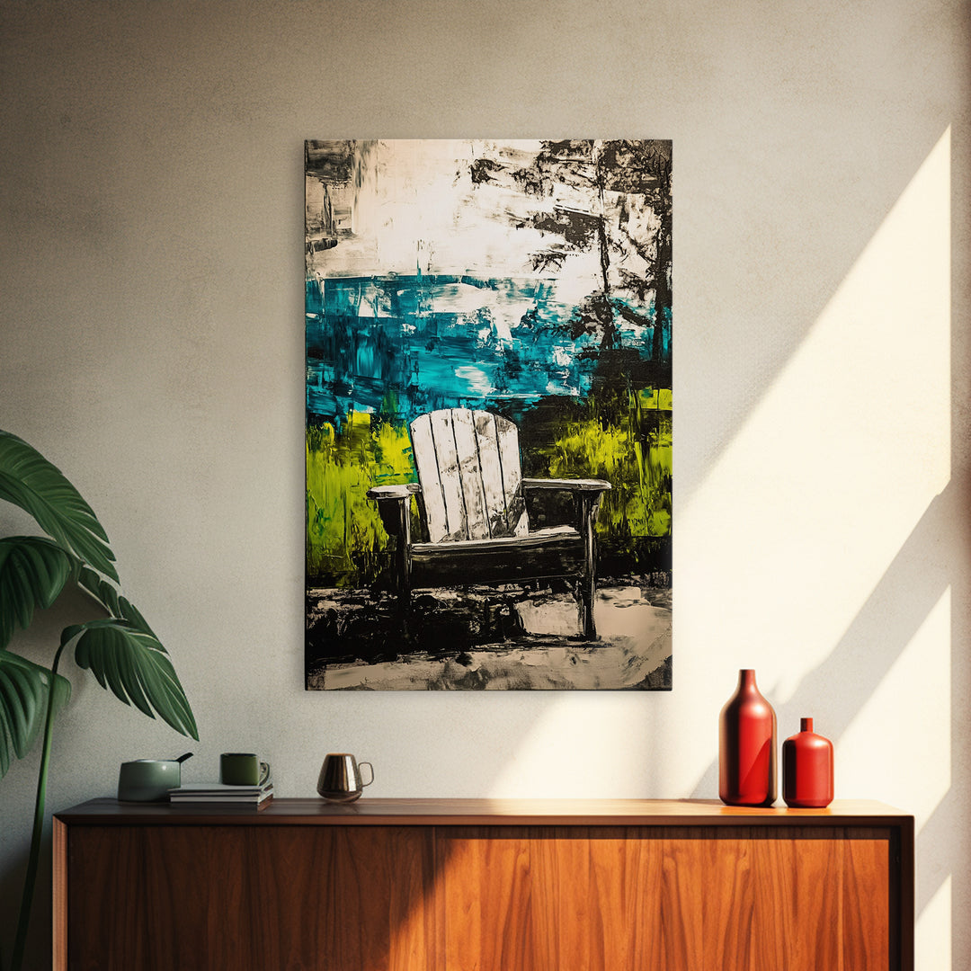 Adirondack Chair, Lakeside View, Framed Canvas Print, Rustic Cabin Decor, Nature Wall Art, Relaxing Retreat Art, Outdoor Artwork