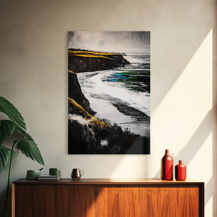 Coastal Cliffs, Ocean Waves, Beach Landscape, Nature Wall Art, Framed Canvas Print, Living Room Decor, Modern Seascape, Blue Tones