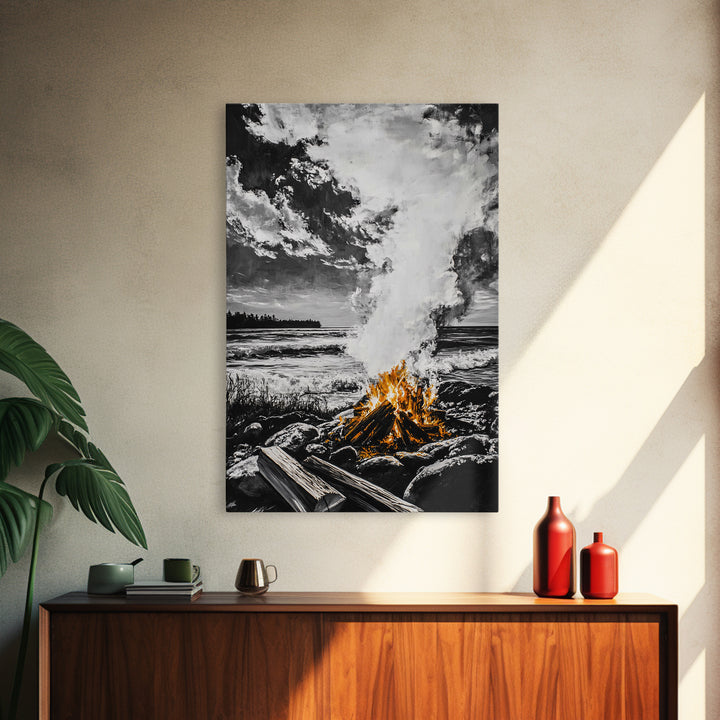 Bonfire on Beach, Coastal Sunset, Framed Canvas Print, Fall Wall Art, Warm Glow Art, Ocean Inspired Decor, Rustic Firelight, Home Accent