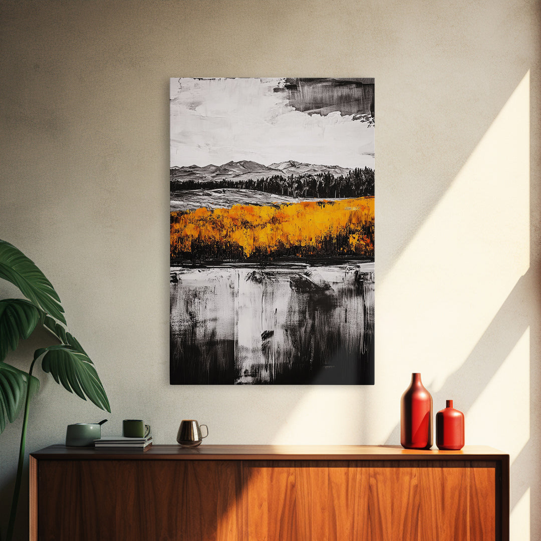 Autumn Mountain Scene, Yellow Trees Reflection, Black White Landscape, Rustic Cabin Art, Cozy Fall Wall Decor, Framed Canvas Print