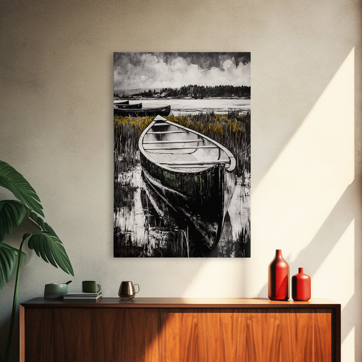 Canoe on Water, Lakeside Reflection, Framed Canvas Print, Nature Art, Cabin Wall Decor, Black and White Landscape, Serene Home Accent