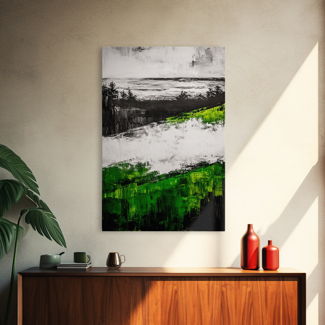 Coastal Cliffs, Ocean Landscape Art, Green Hills Painting, Nature Decor, Outdoor Wall Art, Minimalist Home Print, Framed Canvas Print