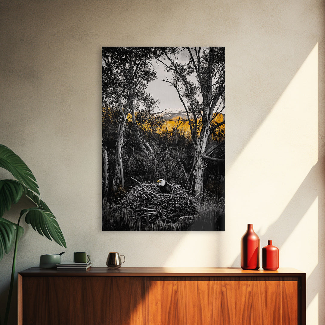 Bald Eagle Nest Art, Black White Forest, Yellow Fall Trees, Wildlife Nature Decor, Rustic Lodge Wall Art, Living Room Art, Canvas Print