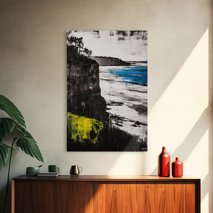 Cliffside View, Ocean Landscape, Modern Coastal Canvas Print, Beach House Wall Art, Black and White Decor, Contemporary Artwork