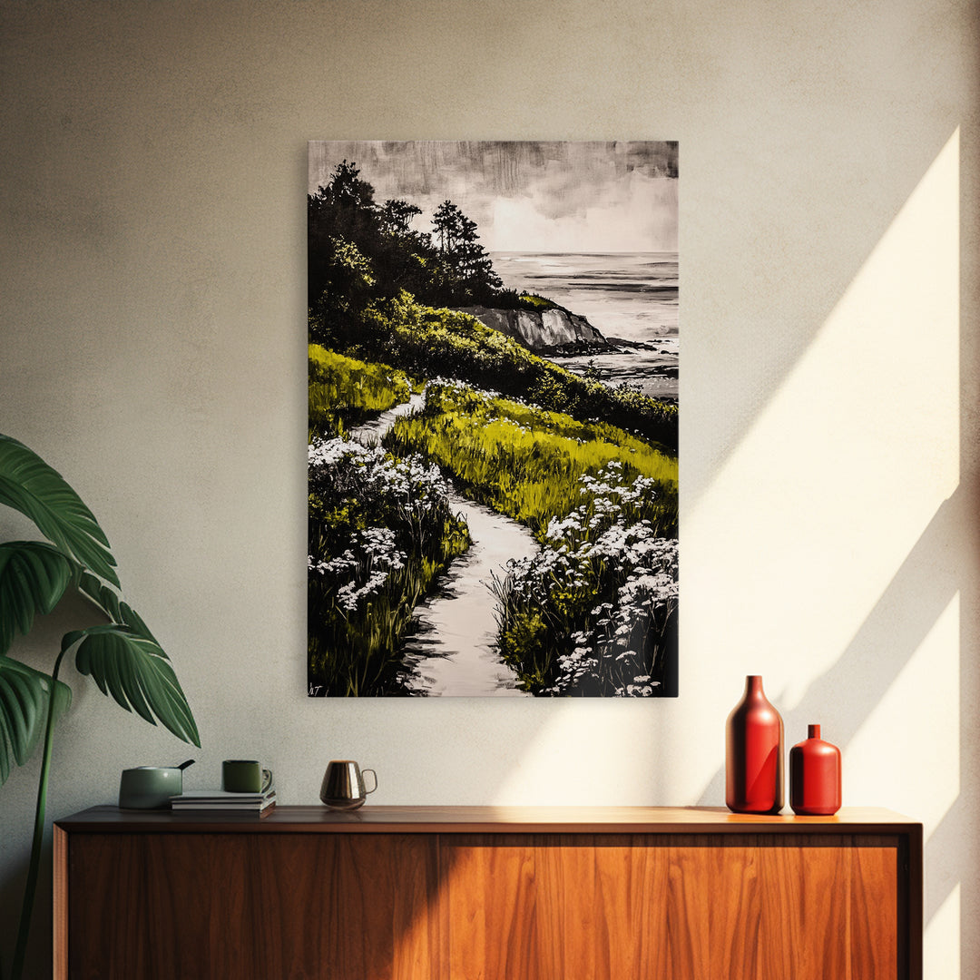Pathway View, Coastal Nature Painting, Canvas Print, Scenic Landscape, Green and White Wall Art, Serene Home Decor, Boho Artwork