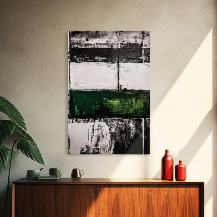 Abstract Art, Black White Green, Modern Wall Decor, Industrial Office Art, Geometric Painting, Contemporary Home Decor, Framed Canvas Print