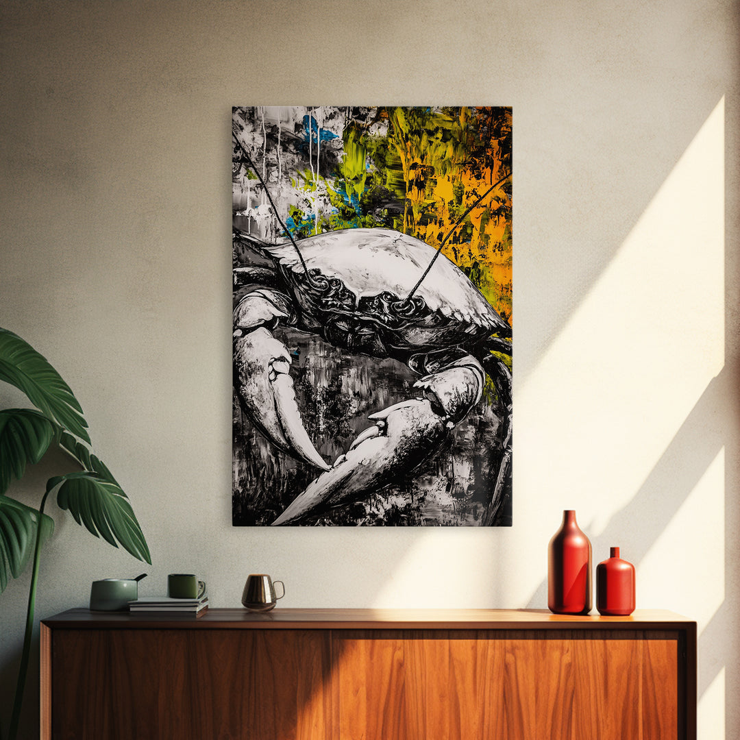 Crab Wall Art, Nautical Coastal Print, Monochrome Decor, Rustic Beach House Art, Marine Illustration, Kitchen Art, Framed Canvas Print