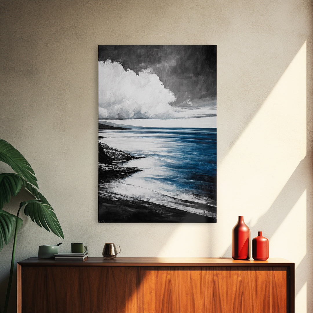 Coastal Shoreline Art, Monochrome Beach Print, Serene Ocean View, Tranquil Seascape Wall Decor, Nautical Art, Framed Canvas Print