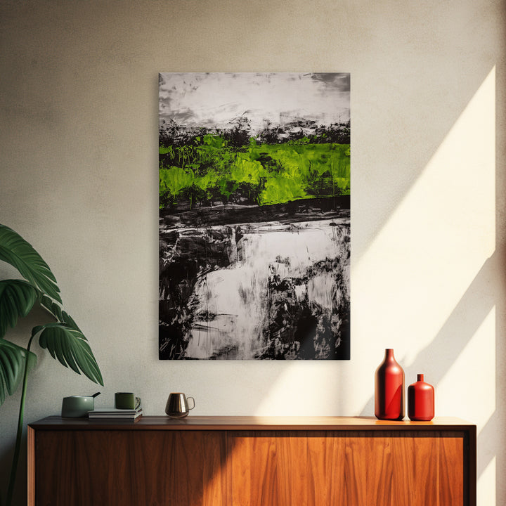 Abstract Art, Green and Black Print, Bold Nature Inspired Decor, Contemporary Wall Art, Modern Home Aesthetic, Framed Canvas Print