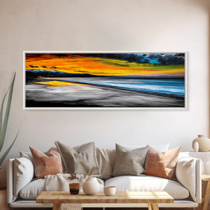Dramatic Beach Sunset, Golden Coastal Painting, Moody Ocean Wall Art, Vibrant Seascape Print, Tropical Home Decor, Framed Canvas Print