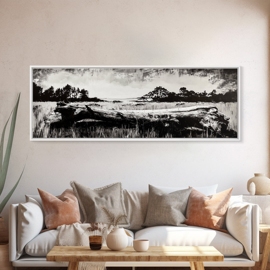 Driftwood Beach, Coastal Landscape, Framed Canvas Print, Black and White Wall Art, Nature Photography Style, Serene Home Decor, Bedroom Art